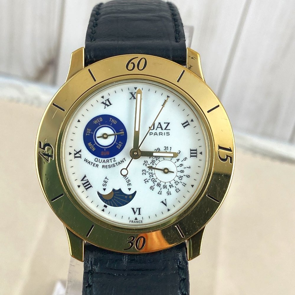 Vintage JAZ Paris French Moon Phase Designer Watch Roman Numerals 3 Sub Dials